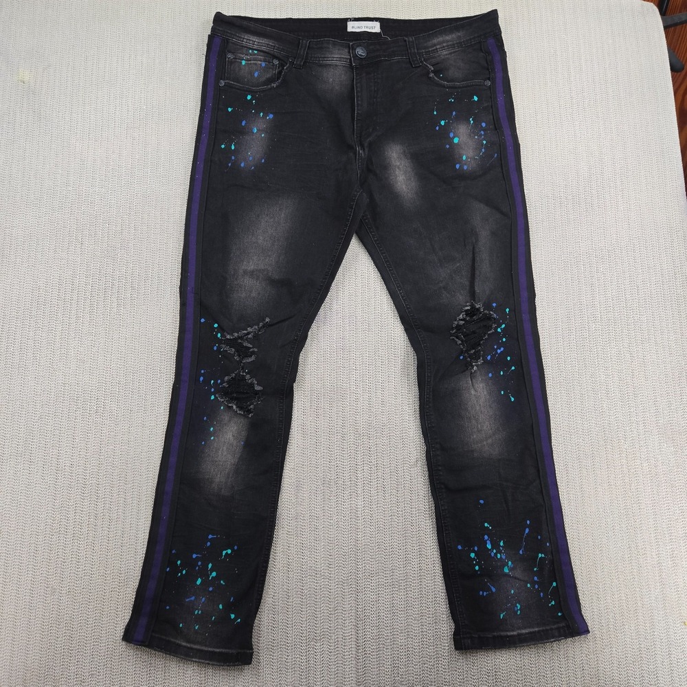 Blind Trust Jeans Mens 40x32 Black Splatter Denim Distressed Hip Hop Streetwear